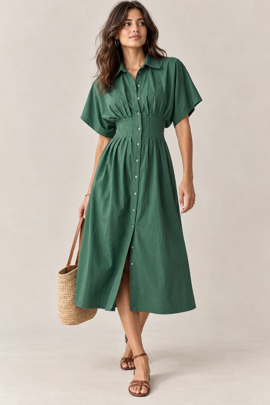 Exquise "Tobie Solid" Button-Front Shirtdress, Green, Size M